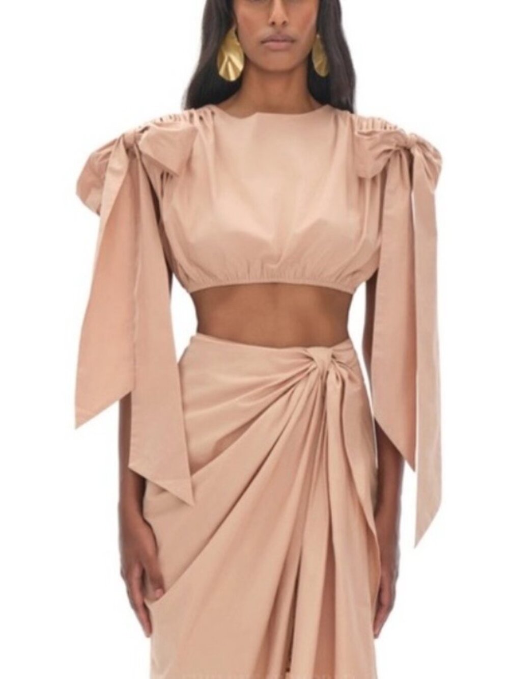 Andrea Iyamah Halima Tan Cotton Poplin Crop Top Blouse S